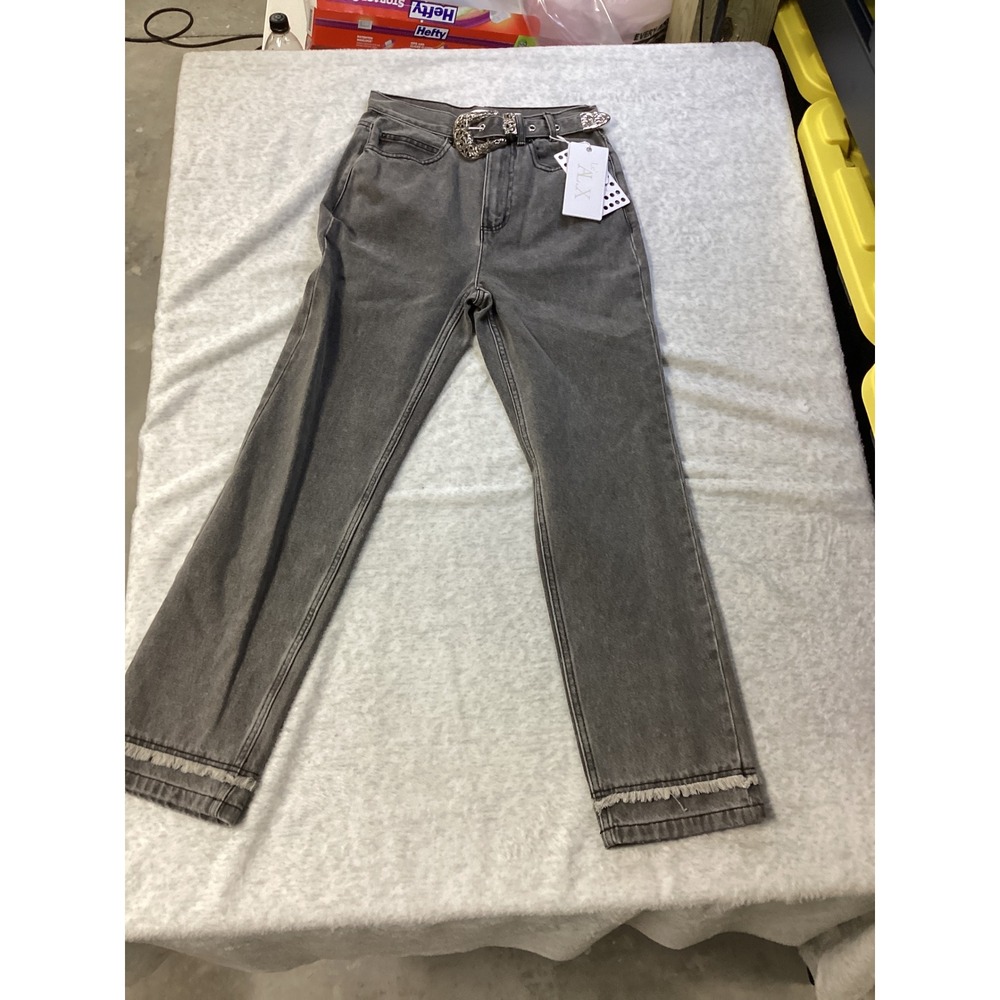 Le ALX Western Belt Jean Grey Fringed Straight Leg High Rise Denim Size 26 NWT